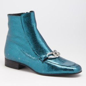 FREE PEOPLE Metallic Blue Emerald Leather Silver Chain Link Ankle Bootie Sz 38EU